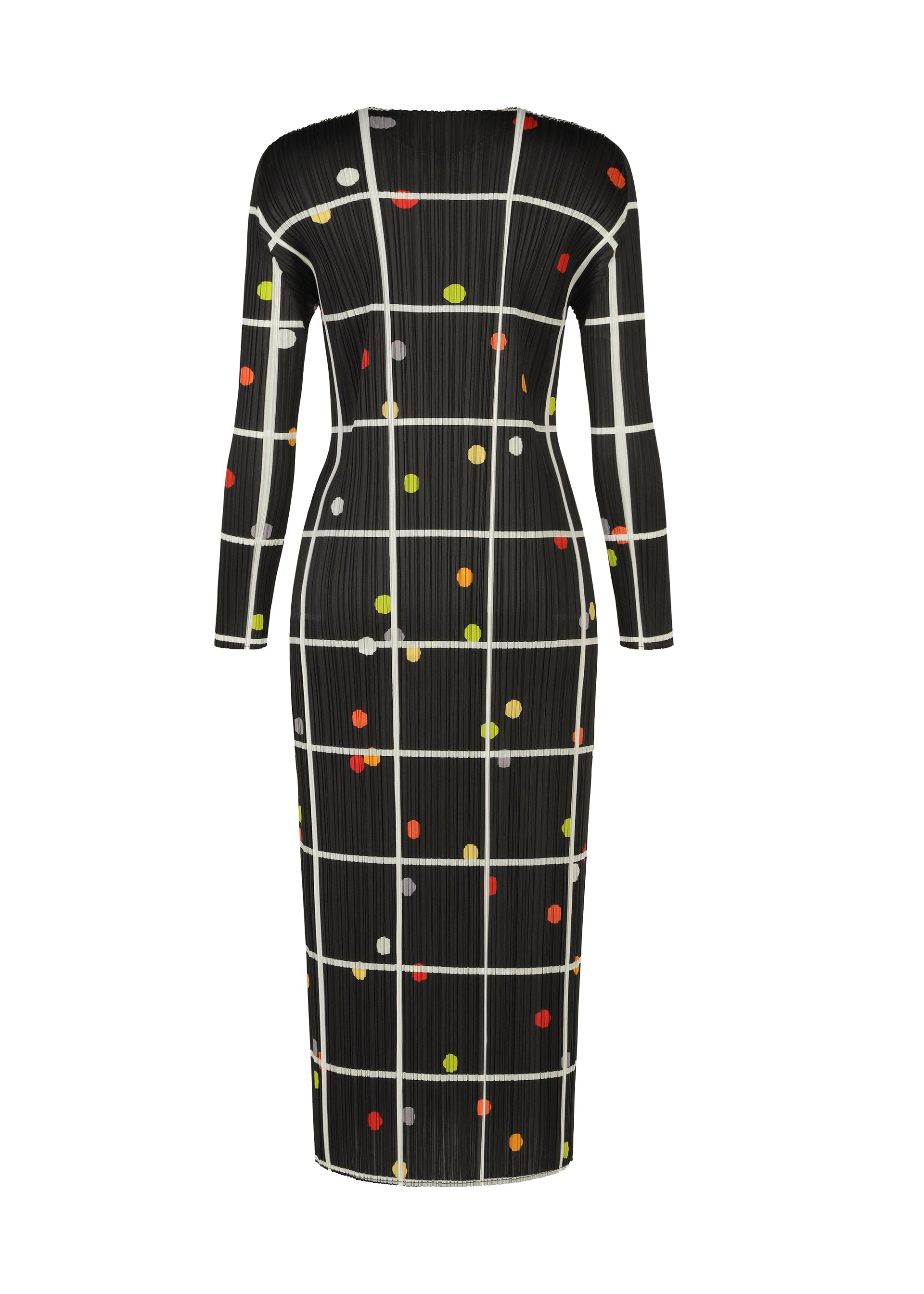 Zoomed view CROSSING DOTS by PLEATS PLEASE ISSEY MIYAKE: a black, long-sleeved dress with a round neck, white grid pattern, and scattered multicolored dots in yellow, red, and orange. Shown on a plain white background.