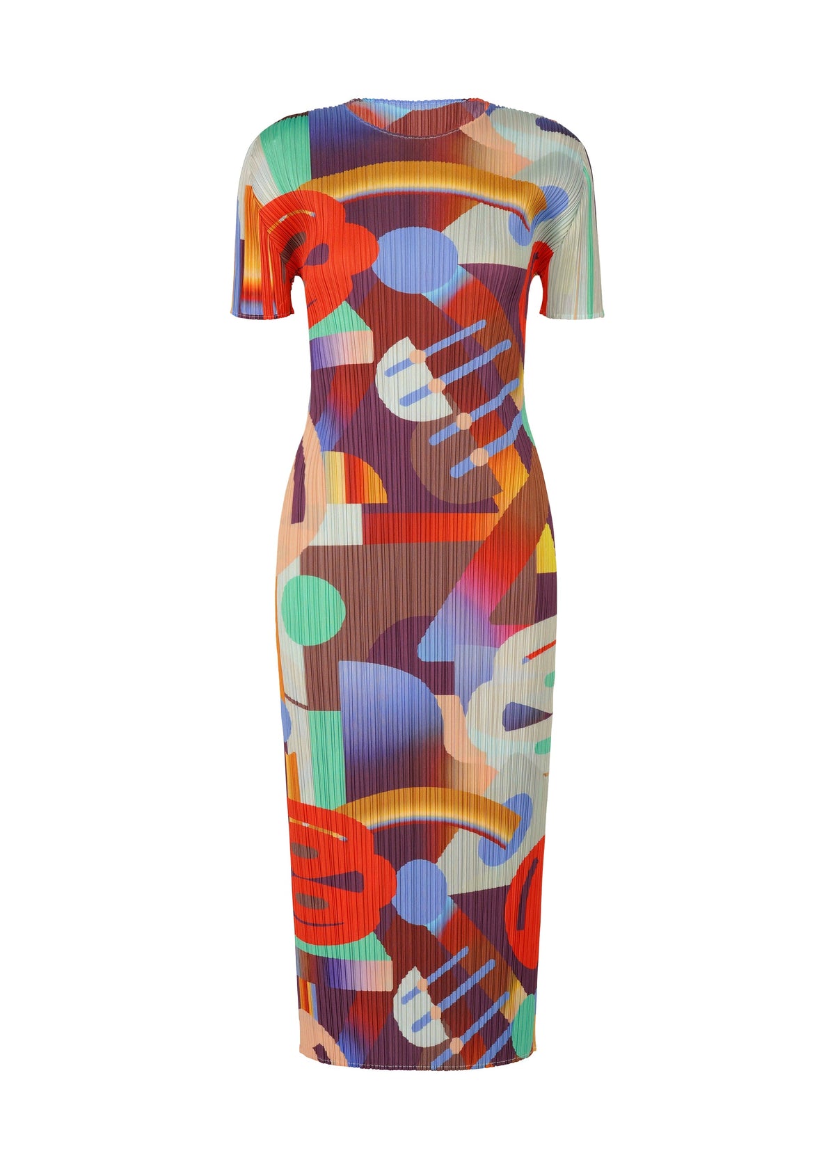The PLAYGROUND dress by PLEATS PLEASE ISSEY MIYAKE is a fitted, short-sleeve, round-neck style with a ribbed texture and vivid abstract patterns in red, orange, blue, green, and purple—a playful statement piece. view 1 of 6