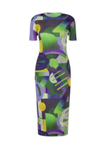 The PLAYGROUND dress by PLEATS PLEASE ISSEY MIYAKE features a round neck, short sleeves, and a lively geometric print in green, purple, yellow, and white. Its pleated texture adds dynamic flair to the stylish midi silhouette. - PURPLE （no.81）