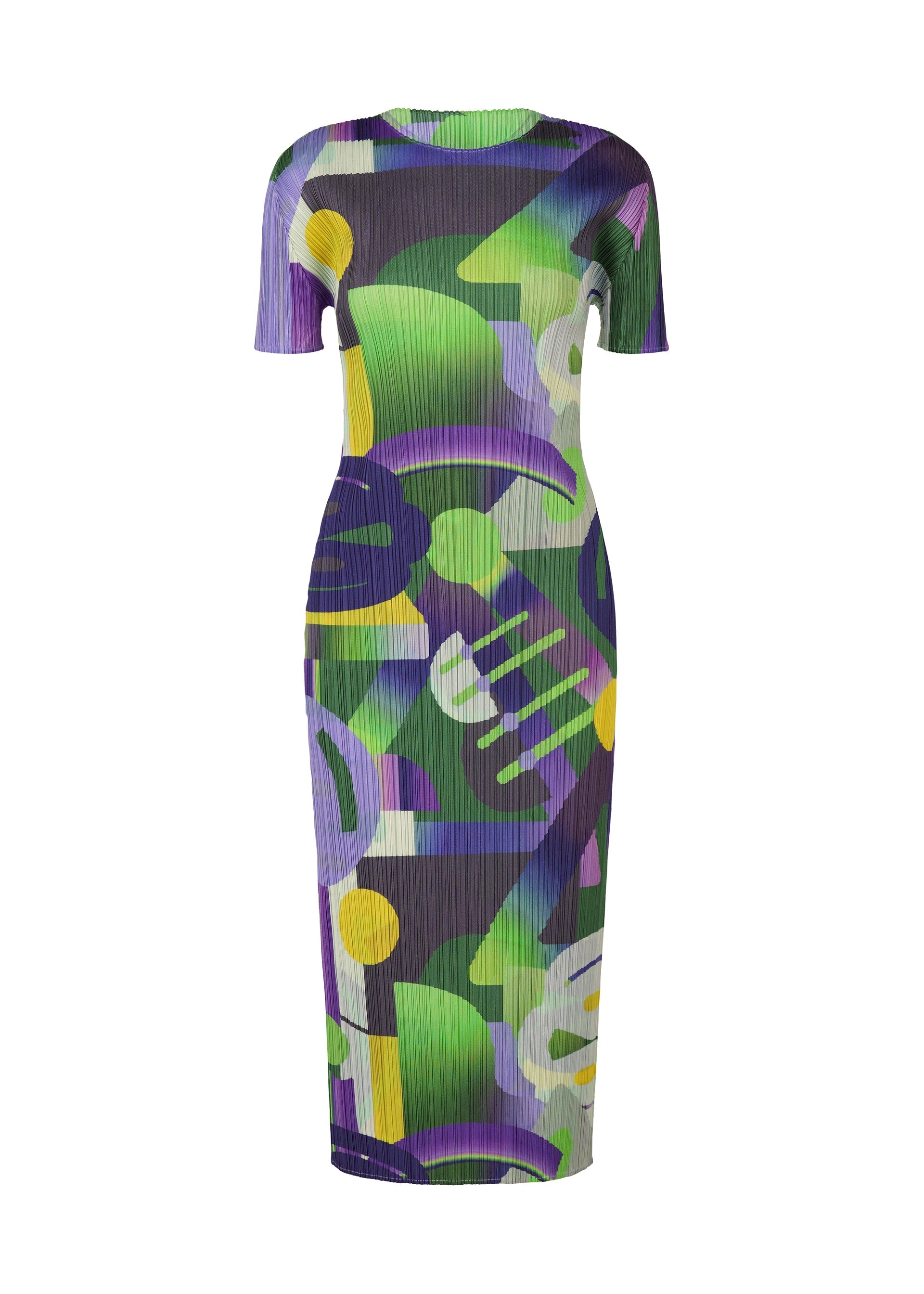 Zoomed view The PLAYGROUND dress by PLEATS PLEASE ISSEY MIYAKE features a round neck, short sleeves, and a lively geometric print in green, purple, yellow, and white. Its pleated texture adds dynamic flair to the stylish midi silhouette. - PURPLE （no.81）