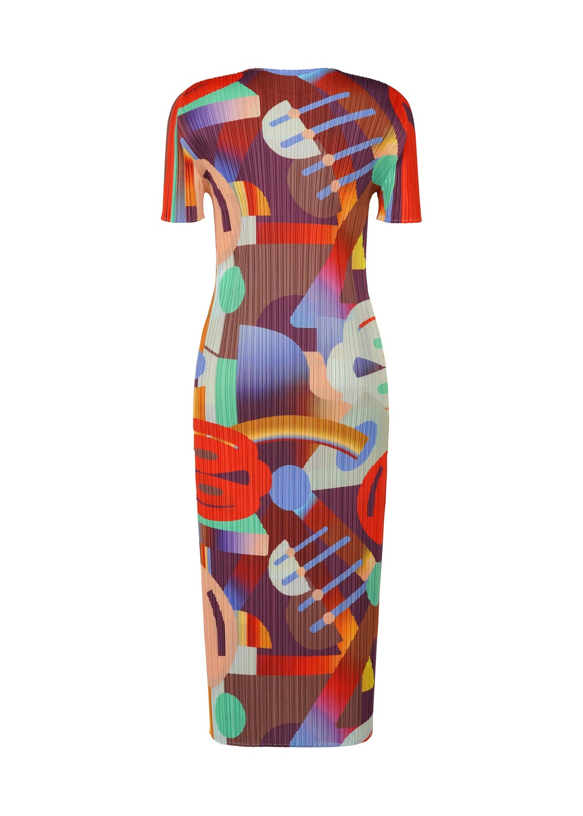 The PLAYGROUND dress by PLEATS PLEASE ISSEY MIYAKE is knee-length with short sleeves, a round neck, bold geometric patterns in red, blue, orange, green, and yellow, vertical pleats, a fitted silhouette, and is shown from the back. view 3 of 6