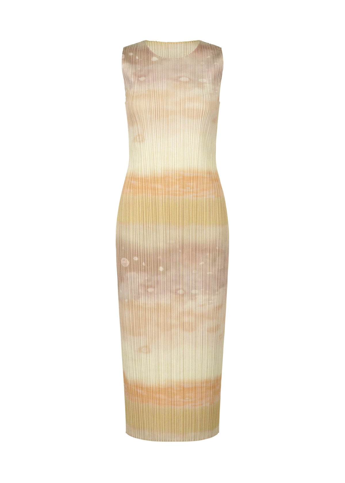 The SEA BUBBLE dress by PLEATS PLEASE ISSEY MIYAKE is a sleeveless, ankle-length round-neck design with a fitted silhouette, subtle vertical pleats, and a soft pastel beige, cream, and light brown pattern. view 1 of 6