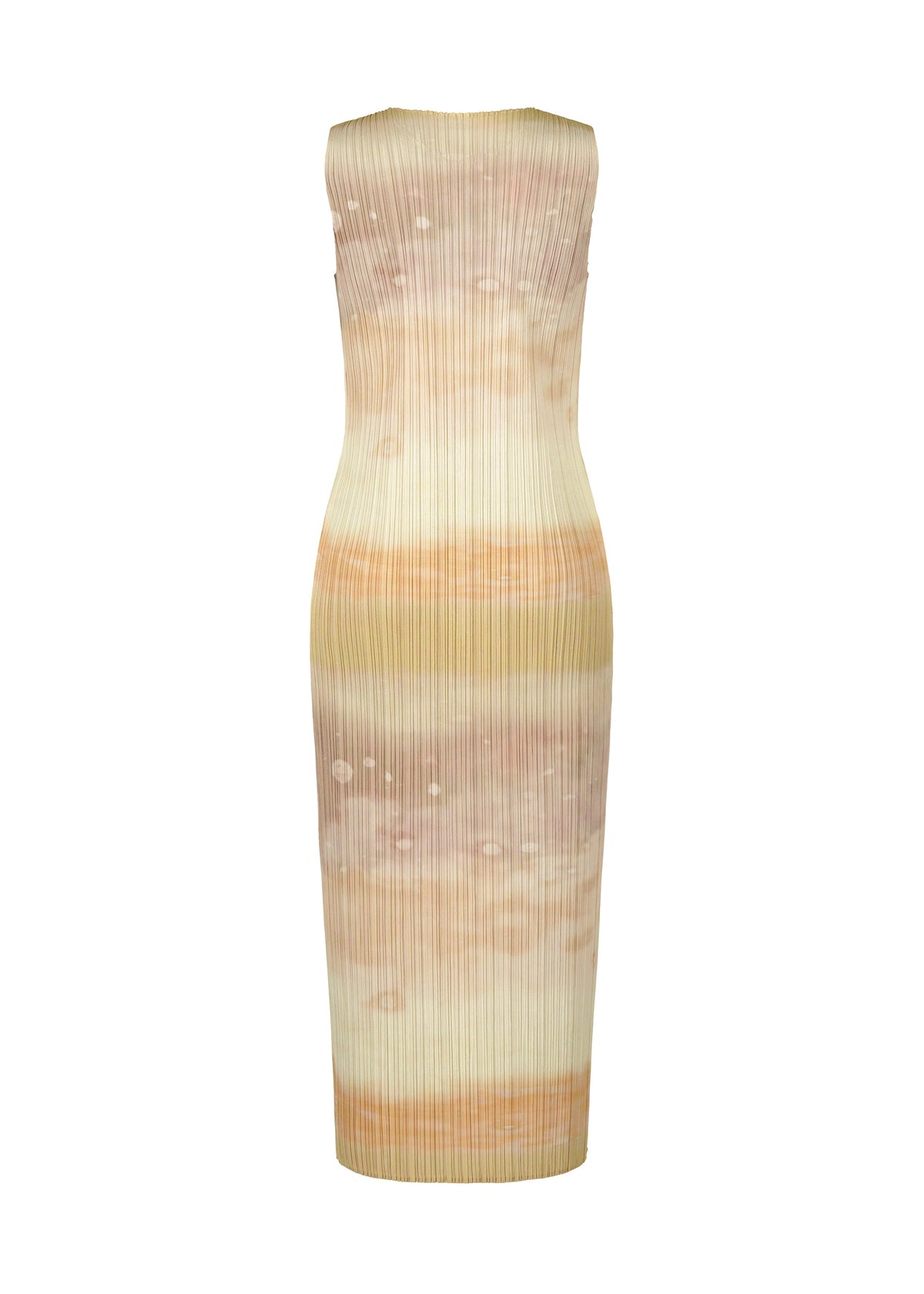 The SEA BUBBLE dress by PLEATS PLEASE ISSEY MIYAKE is a sleeveless, ribbed, ankle-length round-neck piece featuring a fitted silhouette and pastel tie-dye in beige, peach, and cream—perfect for an effortless beach look. view 3 of 6