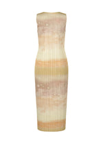 The SEA BUBBLE dress by PLEATS PLEASE ISSEY MIYAKE is a sleeveless, ribbed, ankle-length round-neck piece featuring a fitted silhouette and pastel tie-dye in beige, peach, and cream—perfect for an effortless beach look.