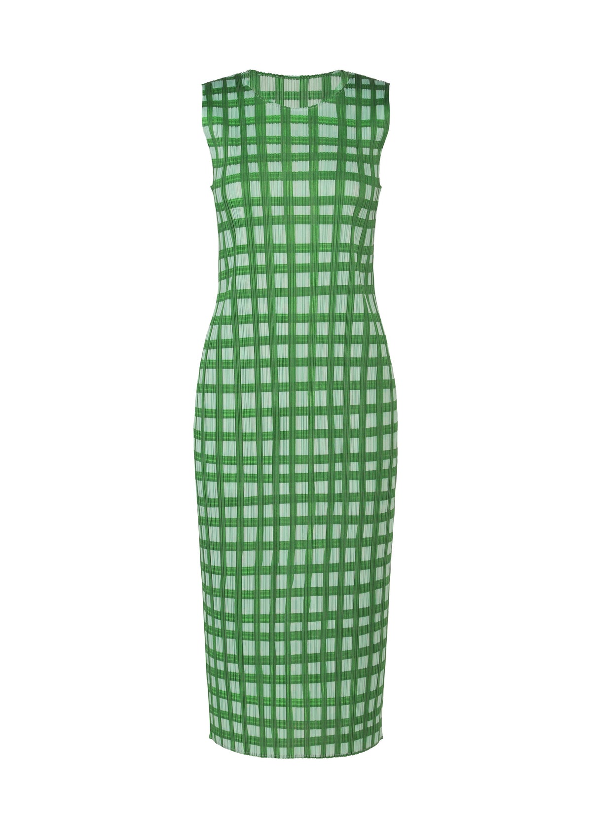 The BASKET dress by PLEATS PLEASE ISSEY MIYAKE is a sleeveless, knee-length, fitted piece with a green and white block check pattern and round neckline, shown against a plain white background. view 1 of 7