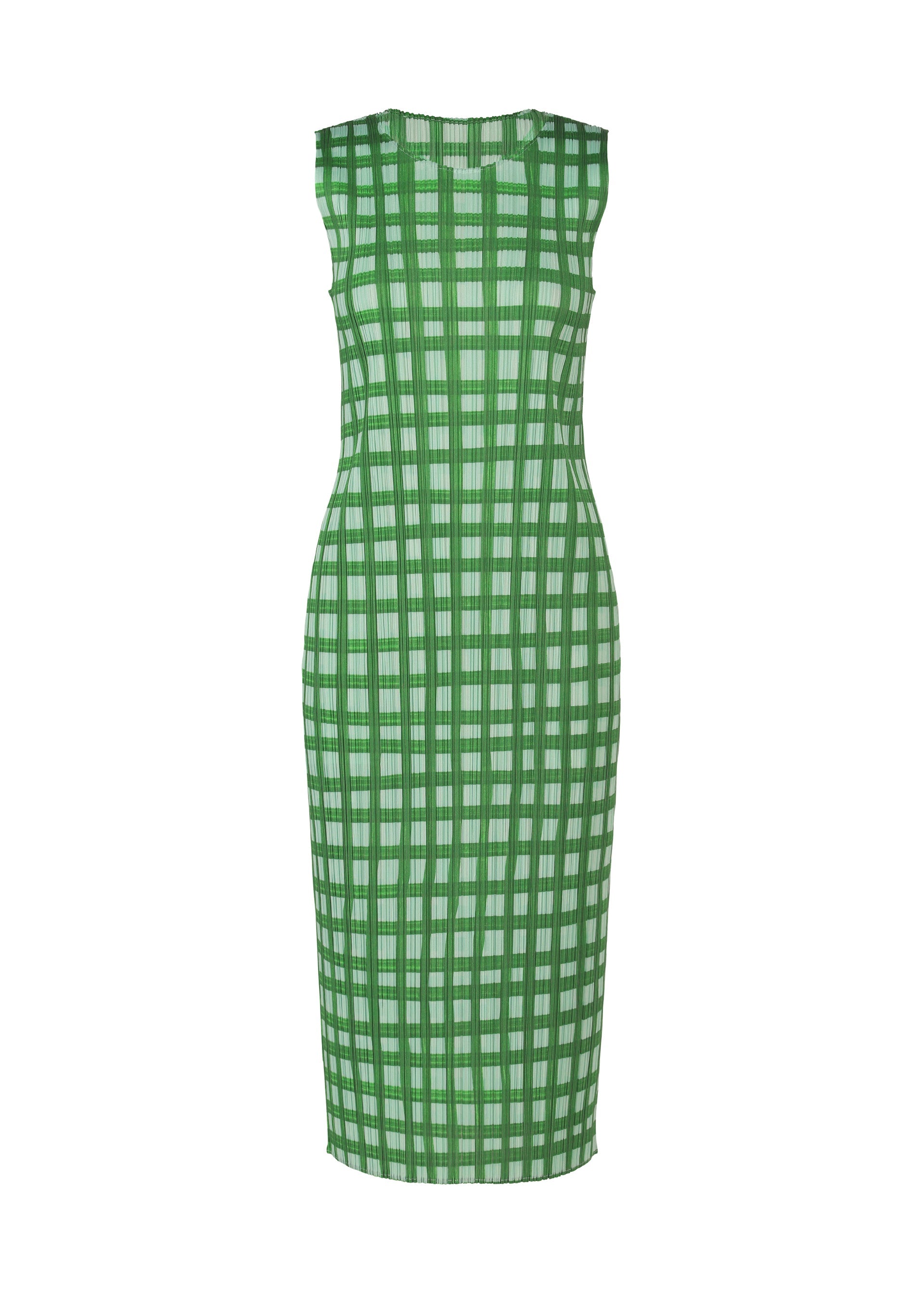 Zoomed view The BASKET dress by PLEATS PLEASE ISSEY MIYAKE is a sleeveless, knee-length, fitted piece with a green and white block check pattern and round neckline, shown against a plain white background. - GREEN （no.62）