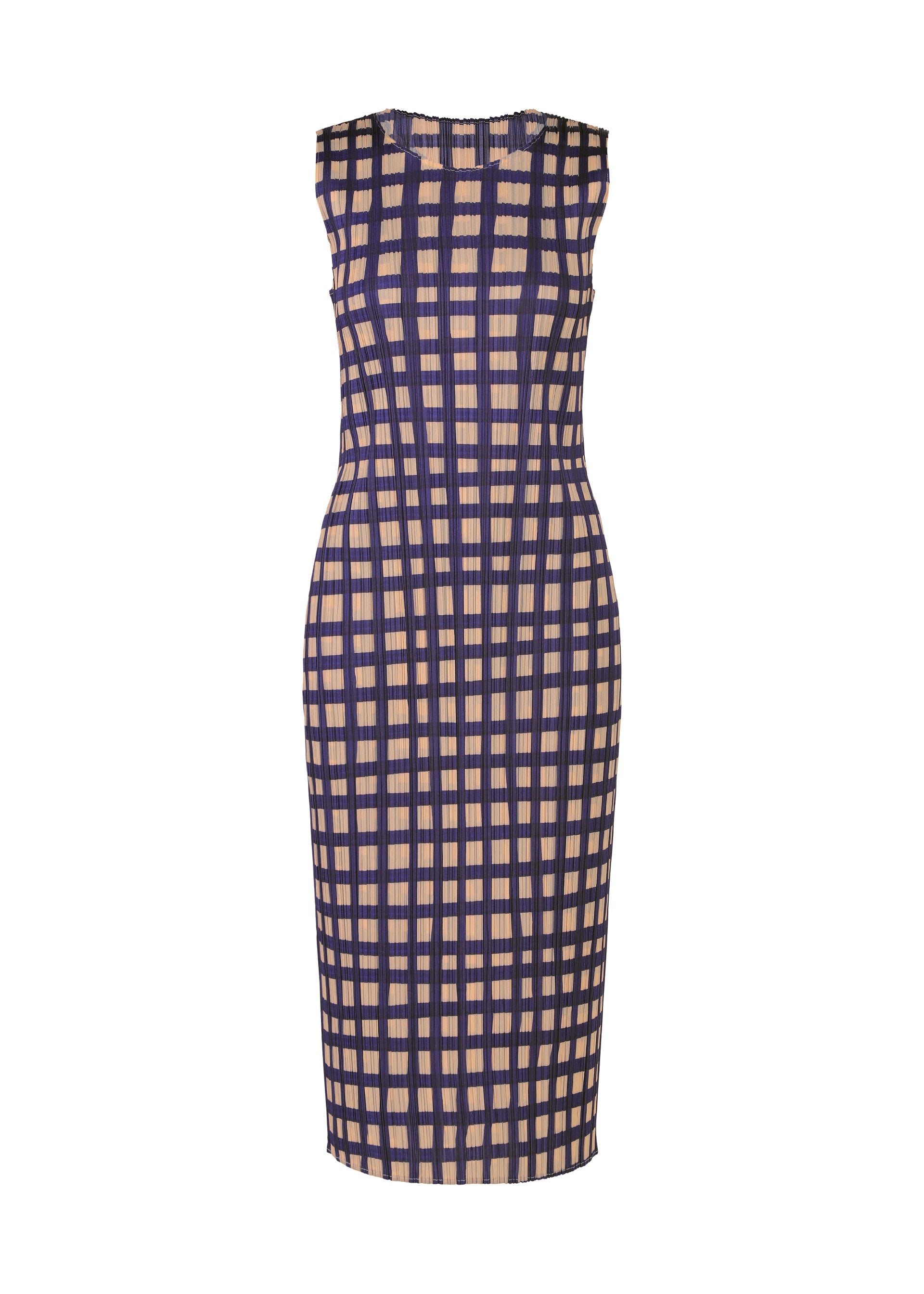 Zoomed view The BASKET dress by PLEATS PLEASE ISSEY MIYAKE is a sleeveless, knee-length fitted style with a round neck, featuring a beige background and bold navy blue block check print, shown against a plain white backdrop.