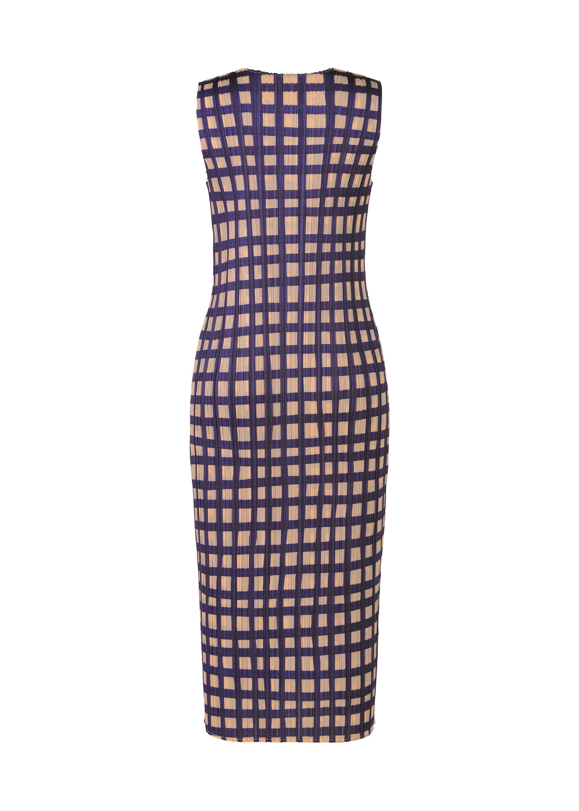 Zoomed view The BASKET dress by PLEATS PLEASE ISSEY MIYAKE is a sleeveless, knee-length bodycon piece featuring a beige base with bold navy blue block check print, displayed from the back against a white background.