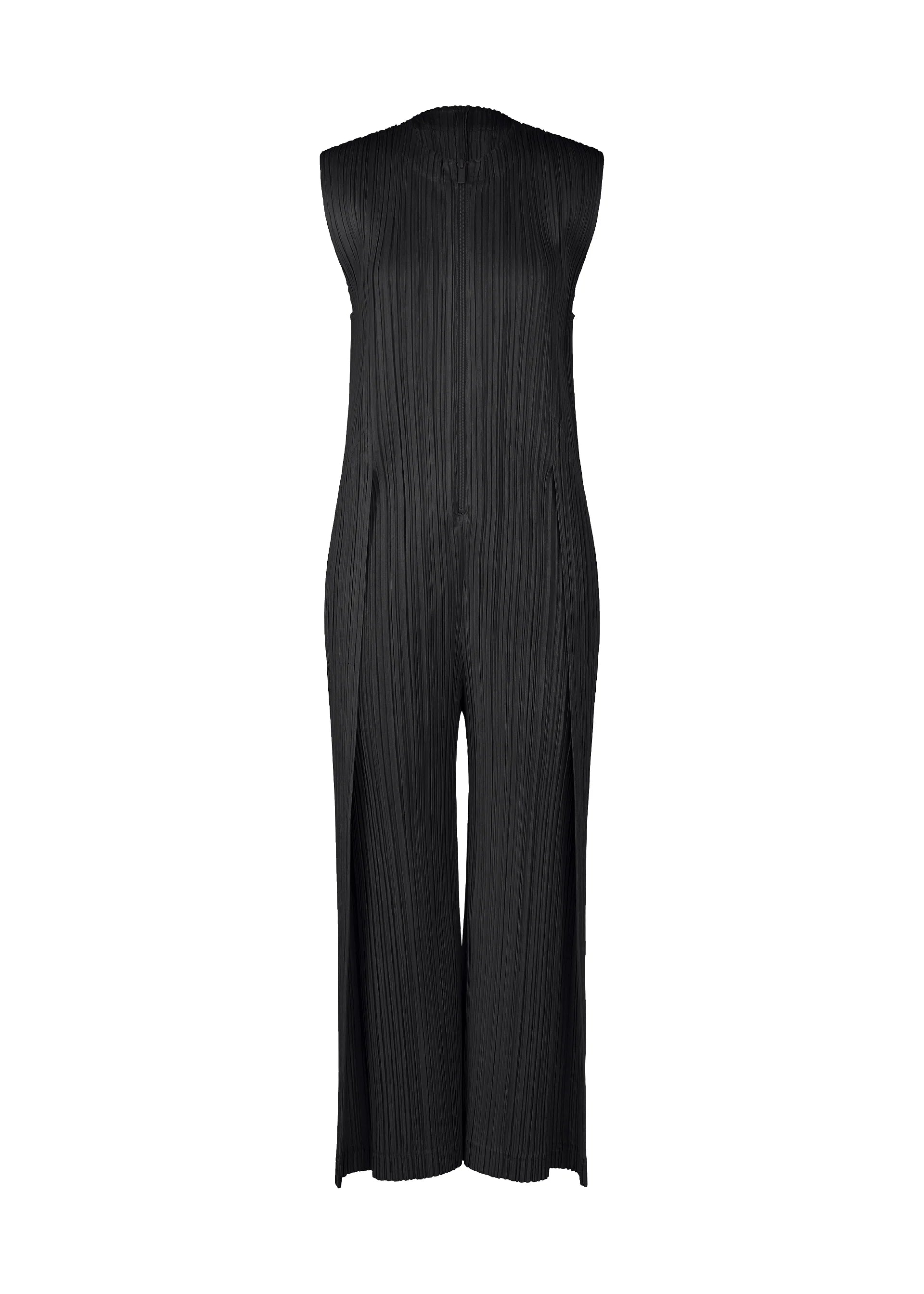 Zoomed view The PLEATS PLEASE ISSEY MIYAKE THICKER BOTTOMS 1 is a sleeveless black pleated zippered jumpsuit with wide legs and a high neckline, made from thick fabric and shown against a plain white background. - BLACK （no.15）