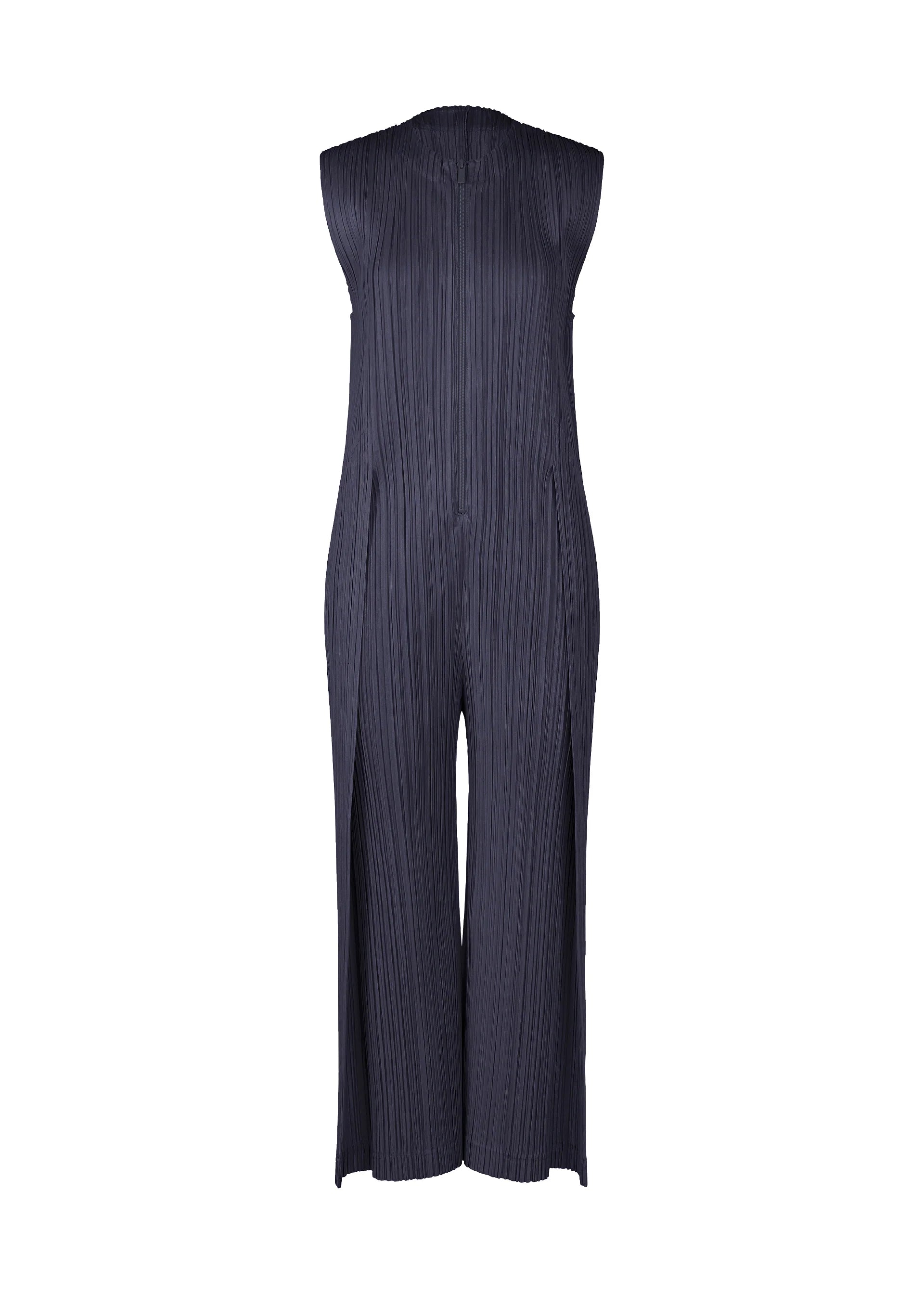 Zoomed view The PLEATS PLEASE ISSEY MIYAKE THICKER BOTTOMS 1 is a sleeveless, navy blue wide-leg jumpsuit with a high neckline and vertical pleats, made from thick fabric and shown against a white background. - DARK NAVY （no.78）