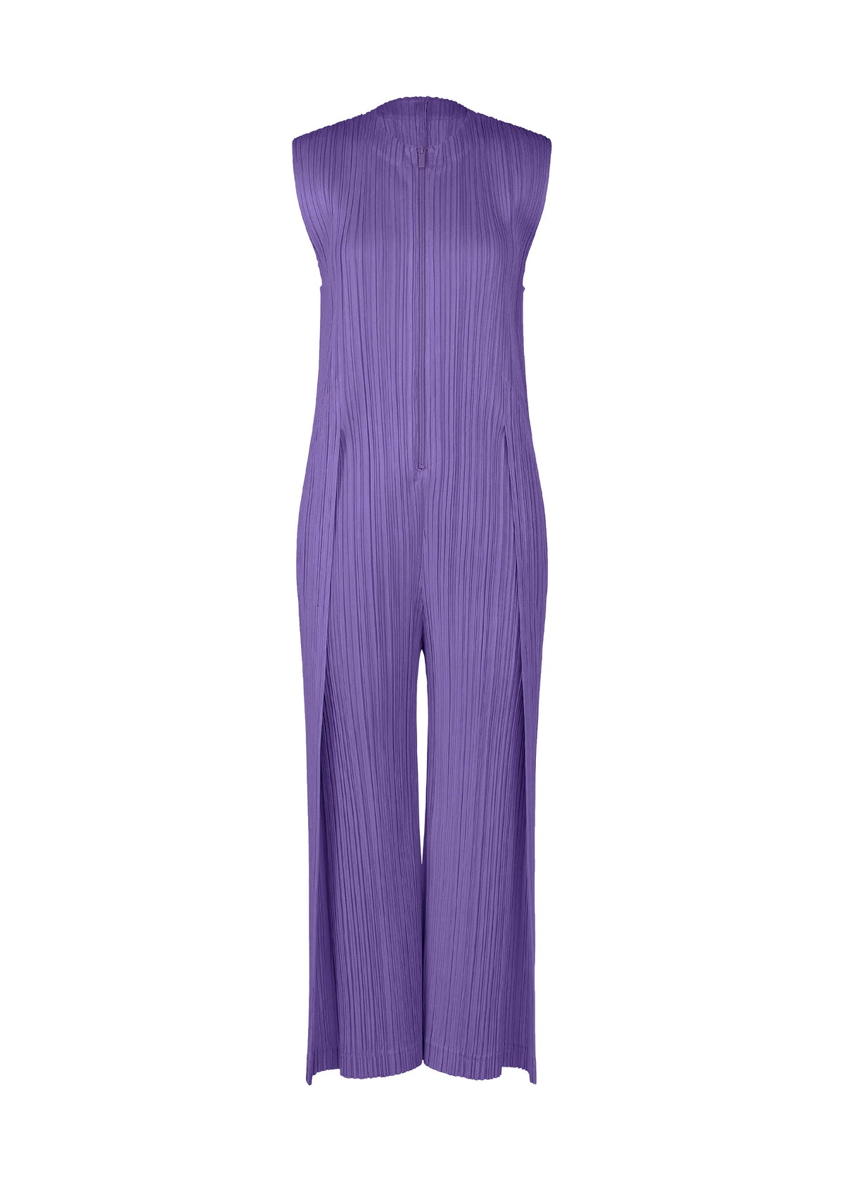 The PLEATS PLEASE ISSEY MIYAKE THICKER BOTTOMS 1 is a sleeveless purple jumpsuit with pleated texture, wide legs, and a round neck, made from thick fabric and shown on a white background. view 2 of 10