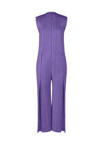 The PLEATS PLEASE ISSEY MIYAKE THICKER BOTTOMS 1 is a sleeveless purple jumpsuit with pleated texture, wide legs, and a round neck, made from thick fabric and shown on a white background. - PURPLE （no.81）