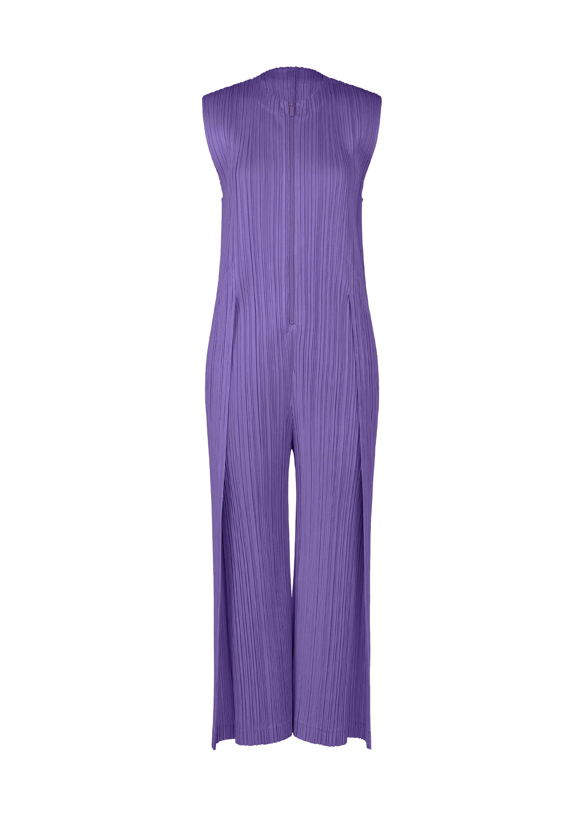 Zoomed view The PLEATS PLEASE ISSEY MIYAKE THICKER BOTTOMS 1 is a sleeveless purple jumpsuit with pleated texture, wide legs, and a round neck, made from thick fabric and shown on a white background. - PURPLE （no.81）