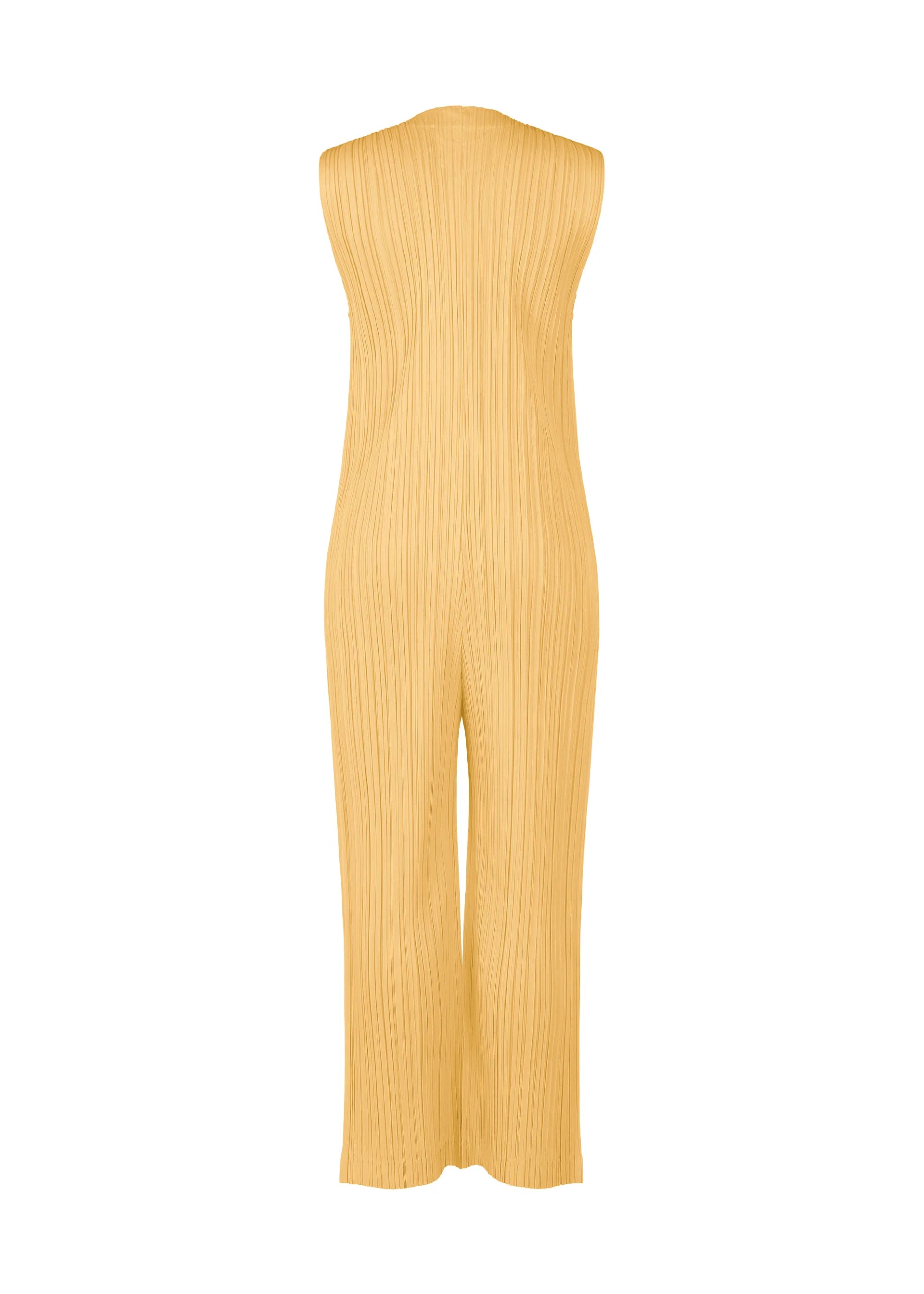 Zoomed view The THICKER BOTTOMS 1 by PLEATS PLEASE ISSEY MIYAKE is a sleeveless, wide-leg jumpsuit in light yellow ribbed thick fabric with pockets, showcased from the back against a plain white background.