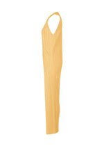 Side view of THICKER BOTTOMS 1 by PLEATS PLEASE ISSEY MIYAKE, a sleeveless, ankle-length light yellow dress with v-neckline, pleated texture, and discreet pockets, displayed against a plain white background.