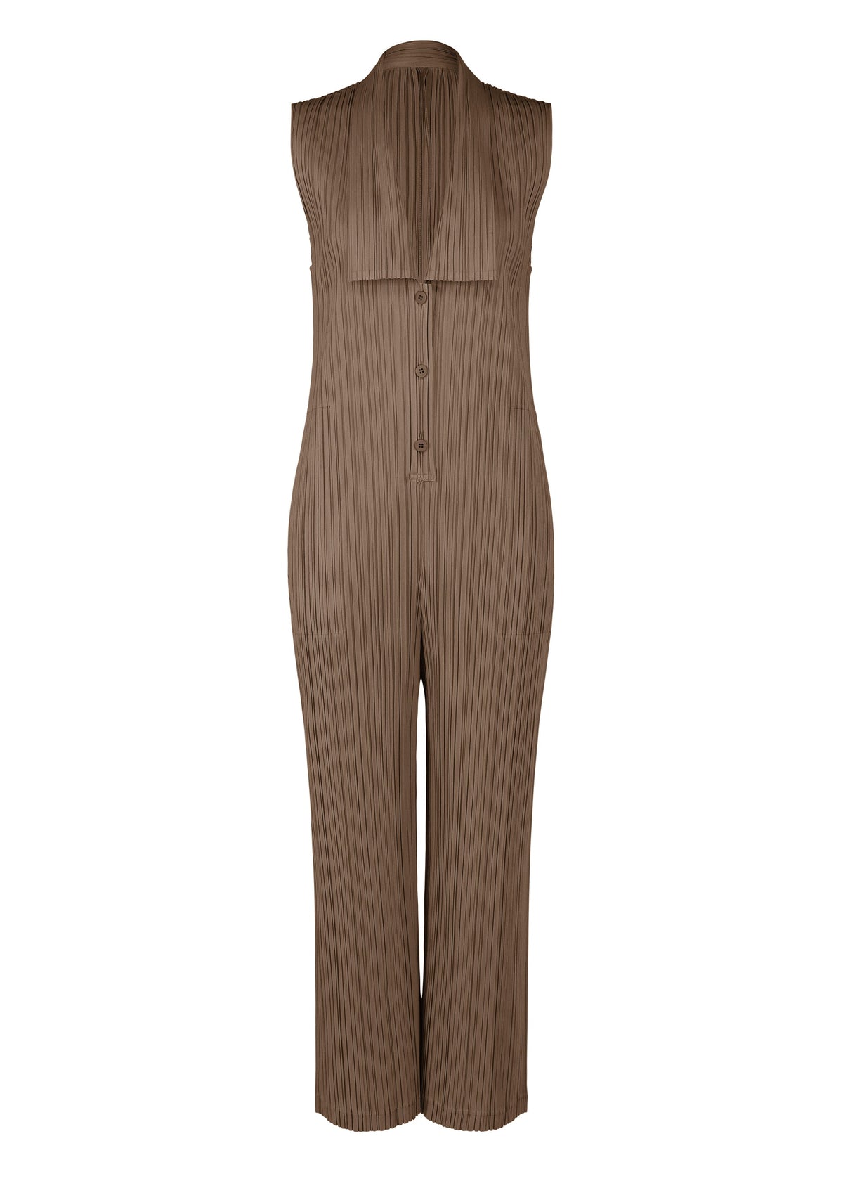 The LOOP BOTTOMS by PLEATS PLEASE ISSEY MIYAKE are sleeveless brown pleated jumpsuits with a collared neck, structured front panel, button-down closure, and straight-leg pants made from recycled polyester with textured vertical stripes. view 2 of 8
