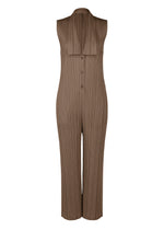 The LOOP BOTTOMS by PLEATS PLEASE ISSEY MIYAKE are sleeveless brown pleated jumpsuits with a collared neck, structured front panel, button-down closure, and straight-leg pants made from recycled polyester with textured vertical stripes. - DARK BROWN （no.45）