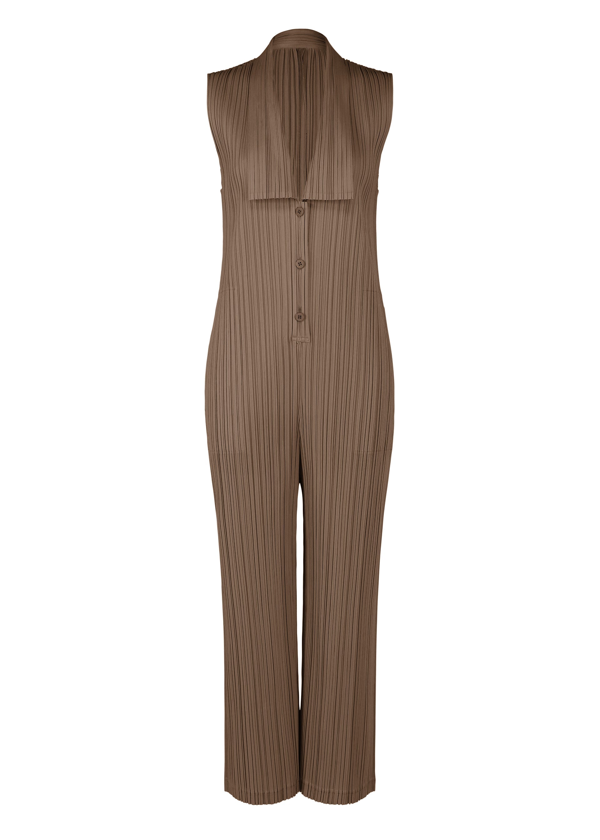 Zoomed view The LOOP BOTTOMS by PLEATS PLEASE ISSEY MIYAKE are sleeveless brown pleated jumpsuits with a collared neck, structured front panel, button-down closure, and straight-leg pants made from recycled polyester with textured vertical stripes. - DARK BROWN （no.45）