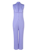 LOOP BOTTOMS by PLEATS PLEASE ISSEY MIYAKE: Sleeveless lavender collared jumpsuit with vertical pleats, front buttons, wide legs, and a layered chest flap. Made from recycled polyester. Shown against a white background. - STEEL BLUE （no.74）