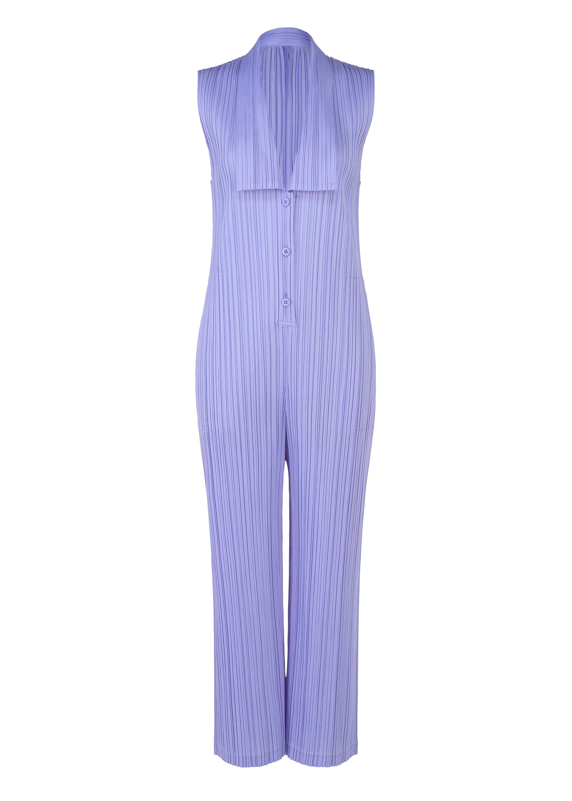 Zoomed view LOOP BOTTOMS by PLEATS PLEASE ISSEY MIYAKE: Sleeveless lavender collared jumpsuit with vertical pleats, front buttons, wide legs, and a layered chest flap. Made from recycled polyester. Shown against a white background. - STEEL BLUE （no.74）