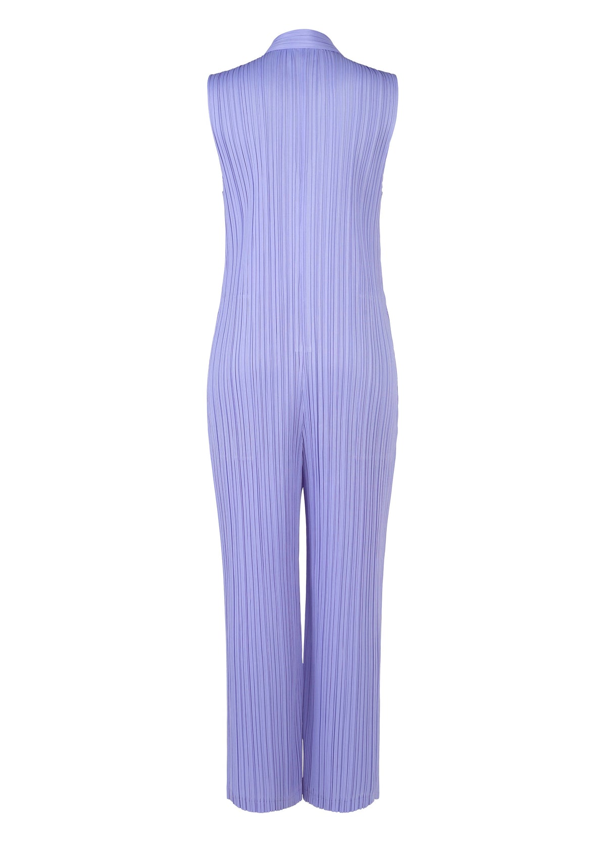 LOOP BOTTOMS by PLEATS PLEASE ISSEY MIYAKE: sleeveless lavender collared jumpsuit, shown from the back with vertical pleats, button closures, and a loose straight fit with full-length legs. view 4 of 8