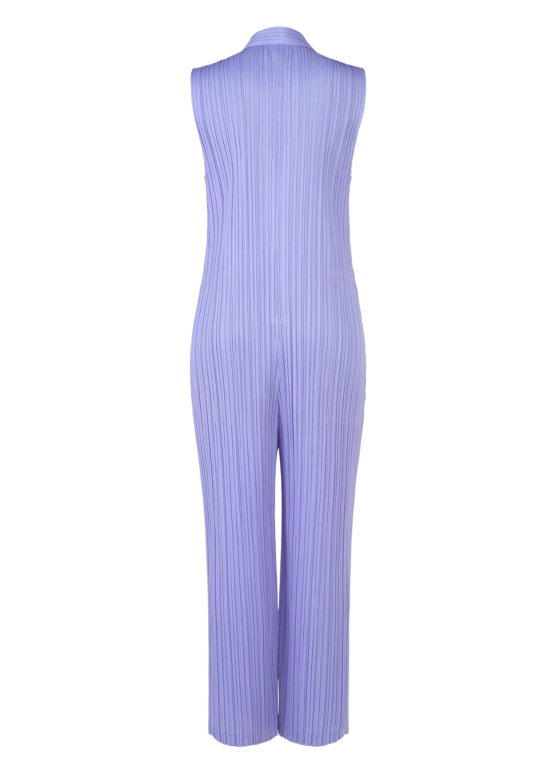 Zoomed view LOOP BOTTOMS by PLEATS PLEASE ISSEY MIYAKE: sleeveless lavender collared jumpsuit, shown from the back with vertical pleats, button closures, and a loose straight fit with full-length legs.