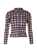 The BASKET shirt by PLEATS PLEASE ISSEY MIYAKE is a fitted, ribbed long-sleeve with a collared neckline and button-up front, featuring a beige base with navy and black block check print. - NAVY （no.75）