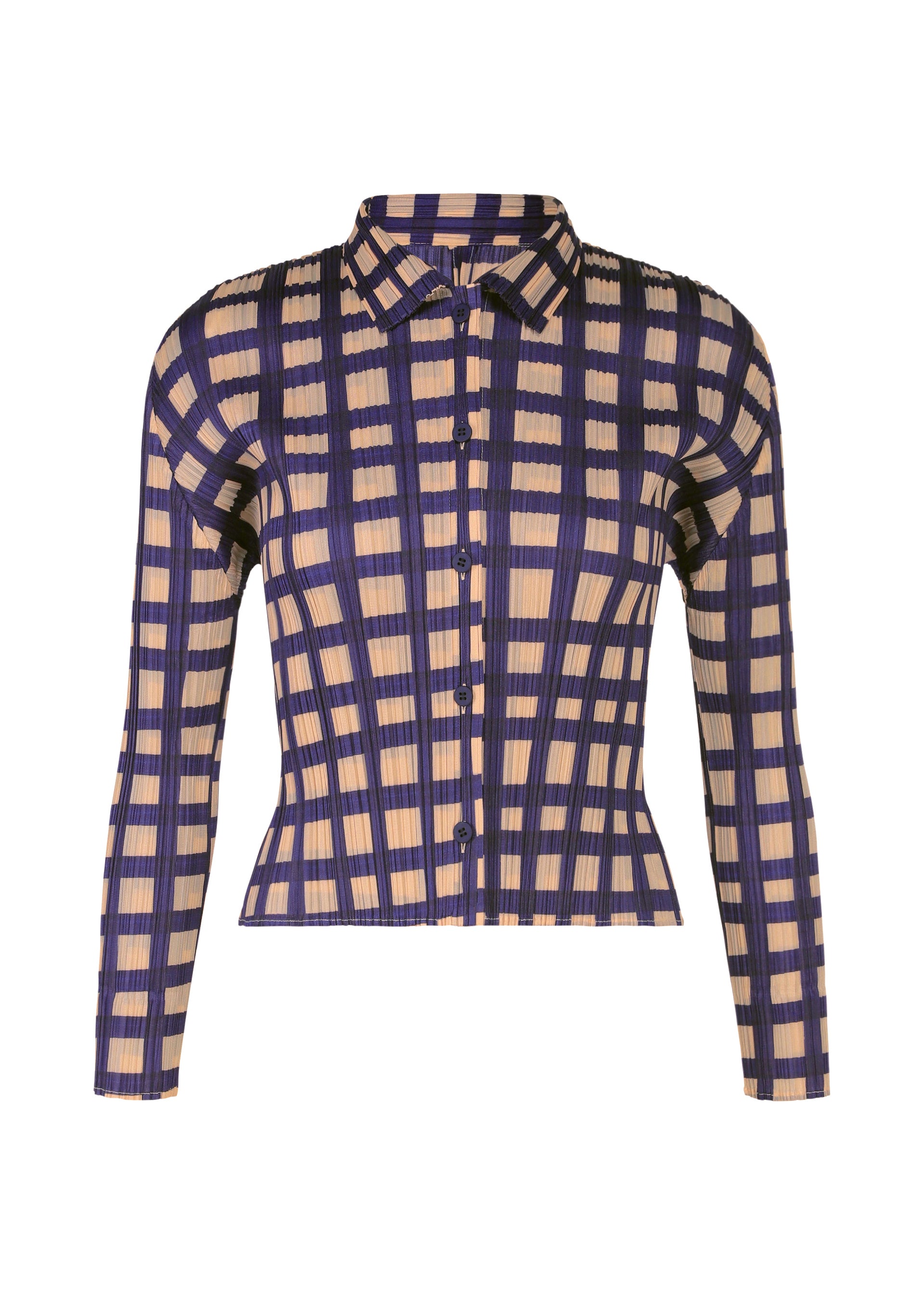 Zoomed view The BASKET shirt by PLEATS PLEASE ISSEY MIYAKE is a fitted, ribbed long-sleeve with a collared neckline and button-up front, featuring a beige base with navy and black block check print. - NAVY （no.75）