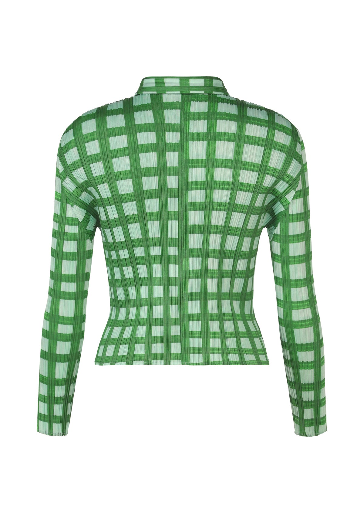 The BASKET shirt by PLEATS PLEASE ISSEY MIYAKE is a fitted, long-sleeved collared top with a green and white block check print and vertical ribbed texture, shown from the back. view 3 of 6