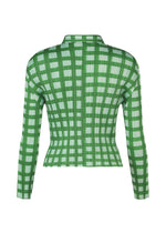 The BASKET shirt by PLEATS PLEASE ISSEY MIYAKE is a fitted, long-sleeved collared top with a green and white block check print and vertical ribbed texture, shown from the back.