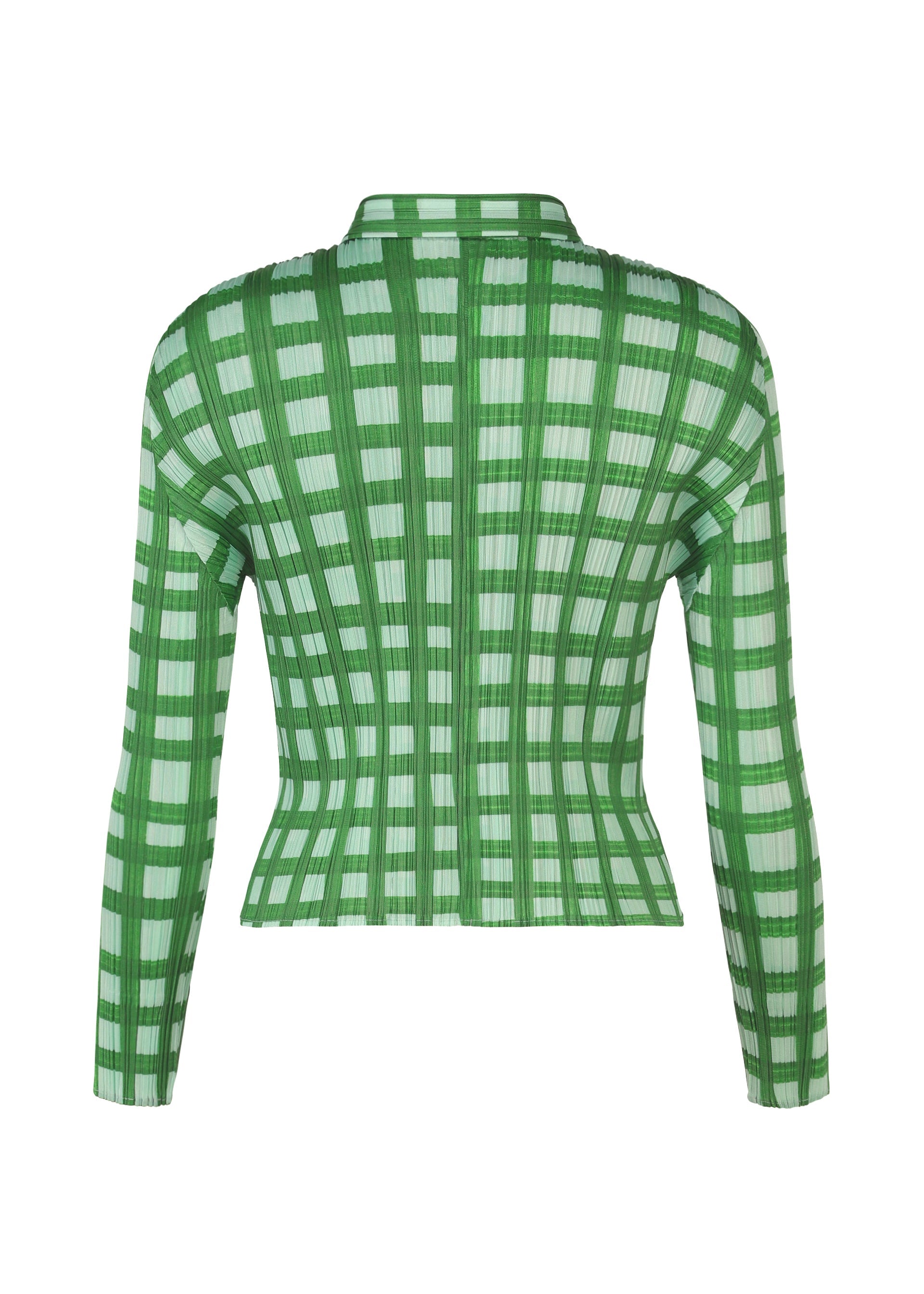 Zoomed view The BASKET shirt by PLEATS PLEASE ISSEY MIYAKE is a fitted, long-sleeved collared top with a green and white block check print and vertical ribbed texture, shown from the back.