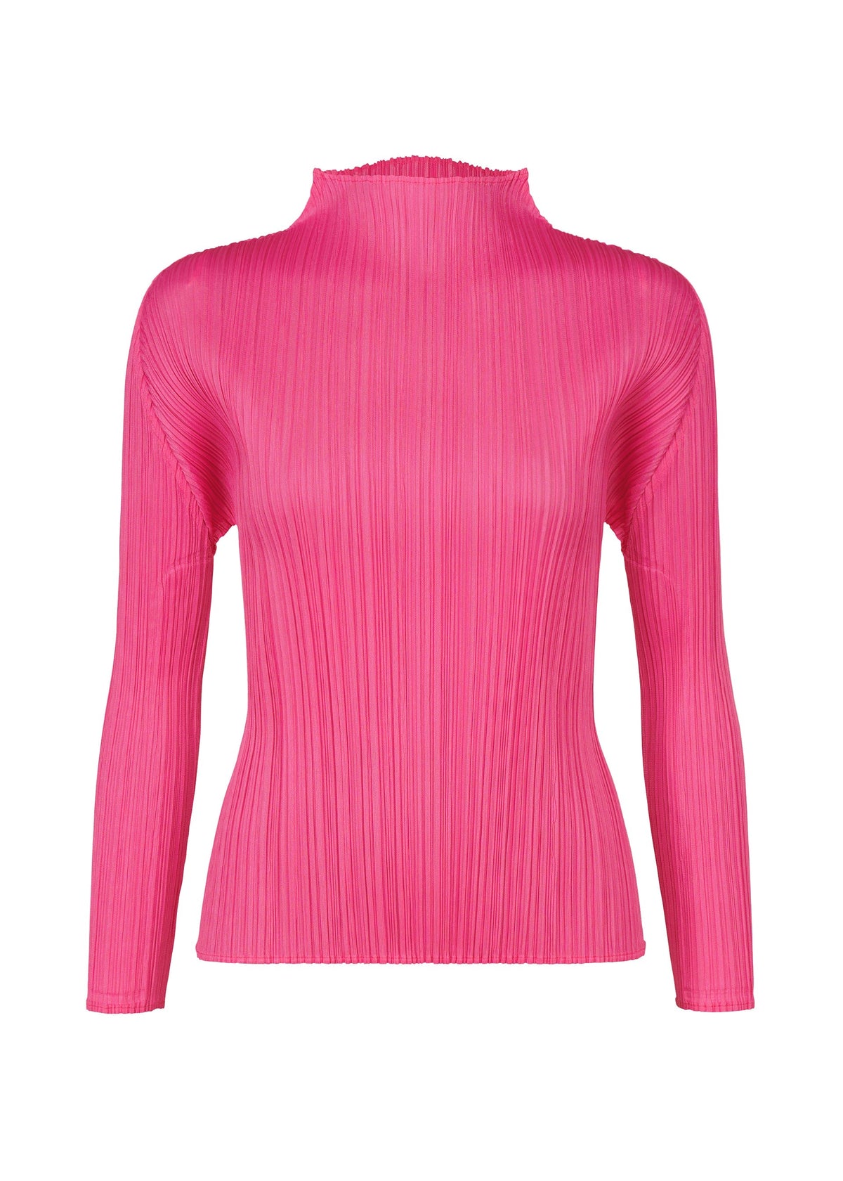 The MONTHLY COLORS : JANUARY top by PLEATS PLEASE ISSEY MIYAKE is a vibrant pink, long-sleeved, pleated piece with a mock turtleneck and fitted silhouette, shown against a white background. view 3 of 10