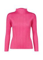 The MONTHLY COLORS : JANUARY top by PLEATS PLEASE ISSEY MIYAKE is a vibrant pink, long-sleeved, pleated piece with a mock turtleneck and fitted silhouette, shown against a white background. - HOT PINK （no.21）