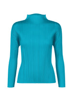 The MONTHLY COLORS : JANUARY top by PLEATS PLEASE ISSEY MIYAKE features a bright turquoise hue, high neck, long sleeves, and vertical pleats. Its fitted silhouette and flared hem add vibrant color to your wardrobe. Shown on a plain white background. - SKY BLUE （no.73）