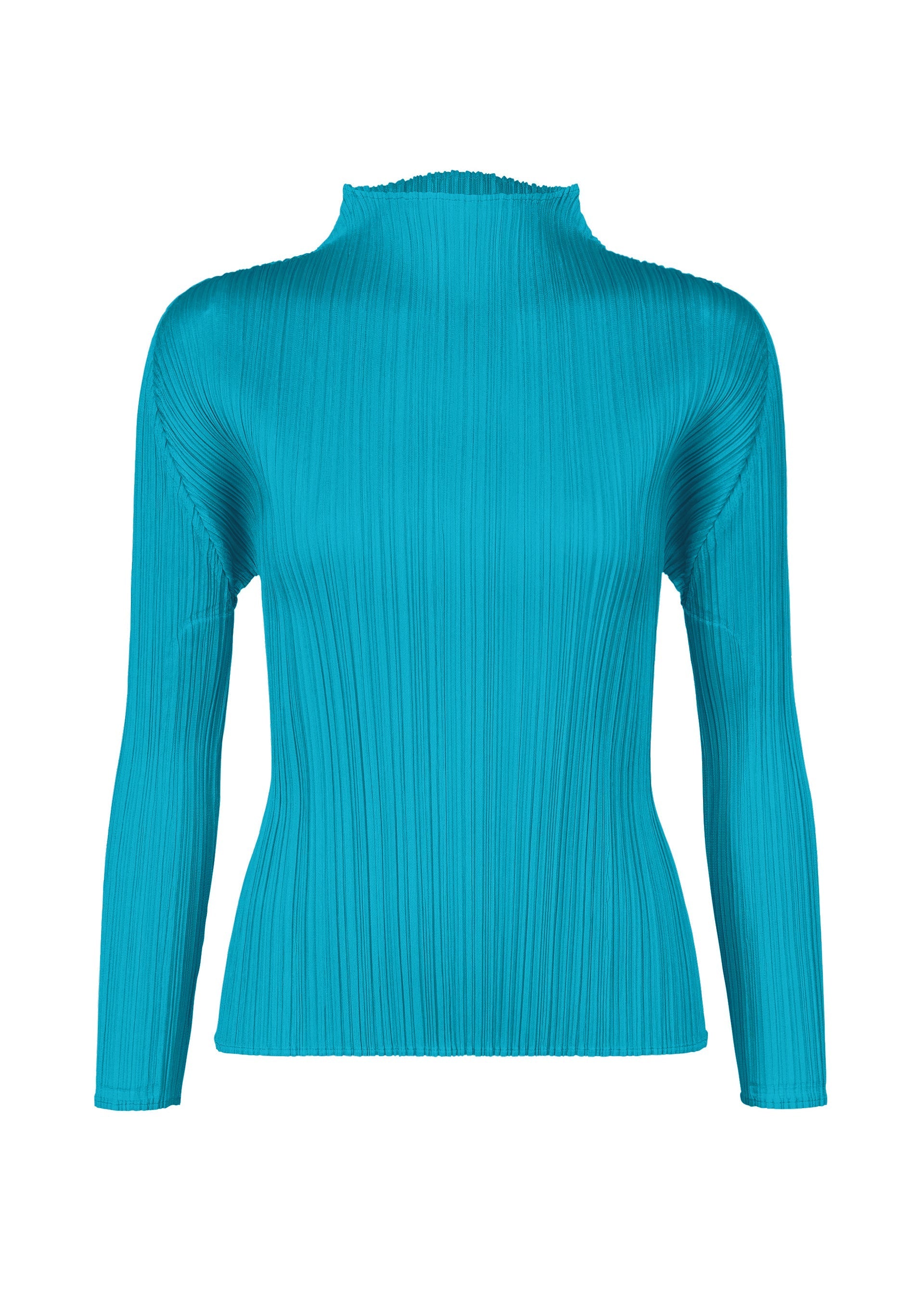 Zoomed view The MONTHLY COLORS : JANUARY top by PLEATS PLEASE ISSEY MIYAKE features a bright turquoise hue, high neck, long sleeves, and vertical pleats. Its fitted silhouette and flared hem add vibrant color to your wardrobe. Shown on a plain white background. - SKY BLUE （no.73）