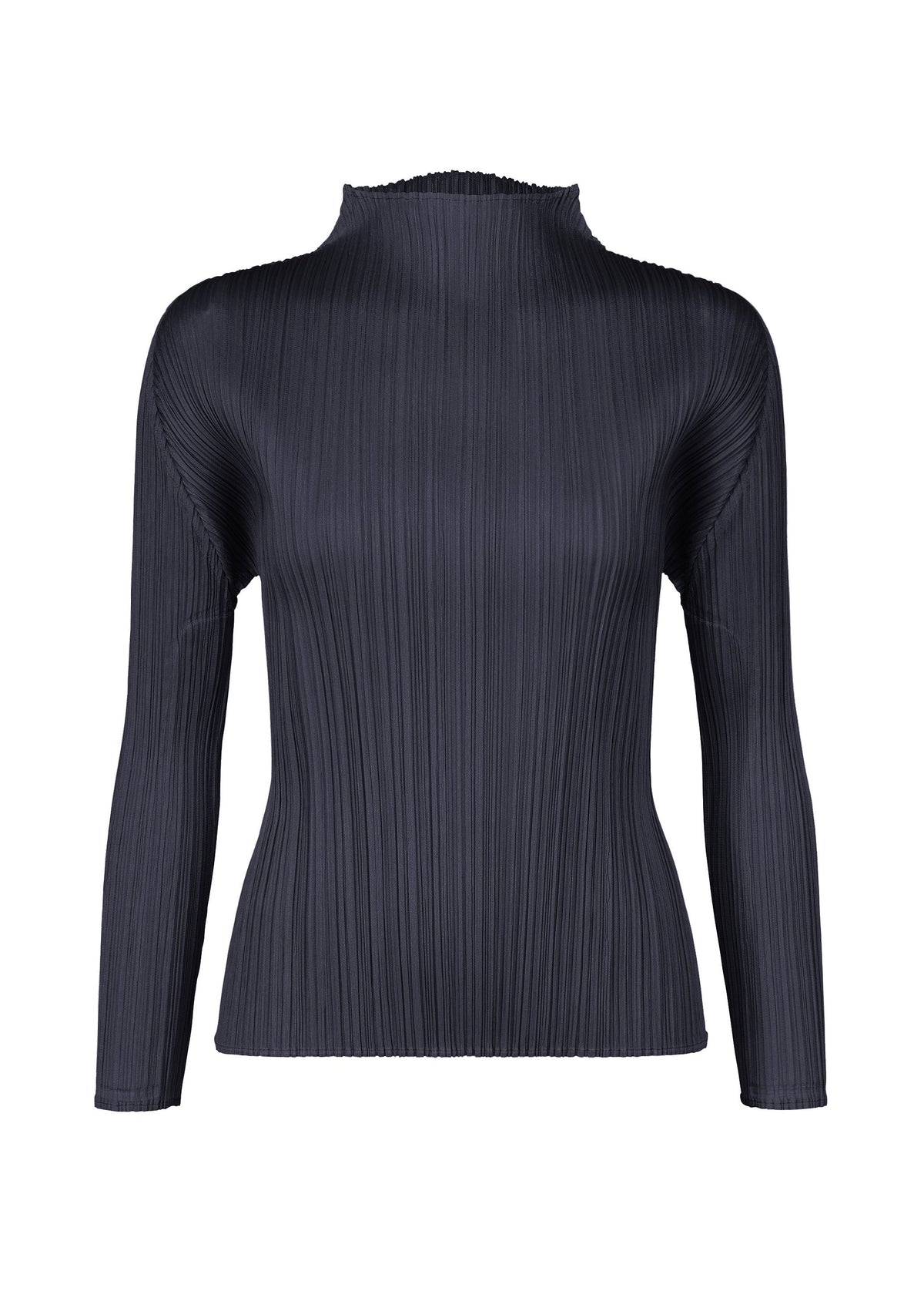 The MONTHLY COLORS : JANUARY top by PLEATS PLEASE ISSEY MIYAKE is a black, long-sleeved, high-neck piece with pleated details, a fitted silhouette, and vertical textured lines, shown on a plain white background. view 4 of 10
