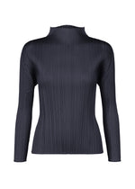 The MONTHLY COLORS : JANUARY top by PLEATS PLEASE ISSEY MIYAKE is a black, long-sleeved, high-neck piece with pleated details, a fitted silhouette, and vertical textured lines, shown on a plain white background. - DARK NAVY （no.78）