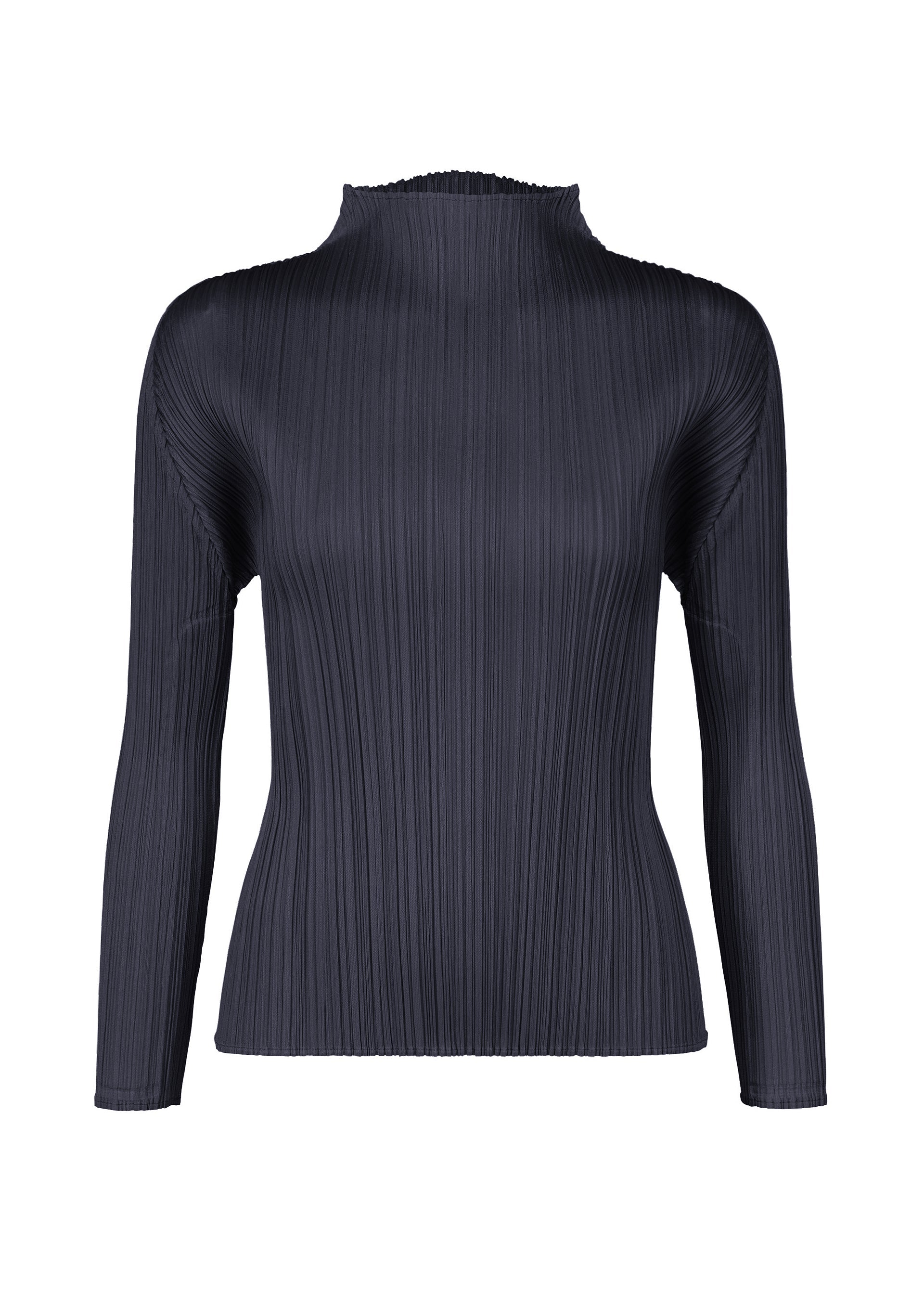Zoomed view The MONTHLY COLORS : JANUARY top by PLEATS PLEASE ISSEY MIYAKE is a black, long-sleeved, high-neck piece with pleated details, a fitted silhouette, and vertical textured lines, shown on a plain white background. - DARK NAVY （no.78）