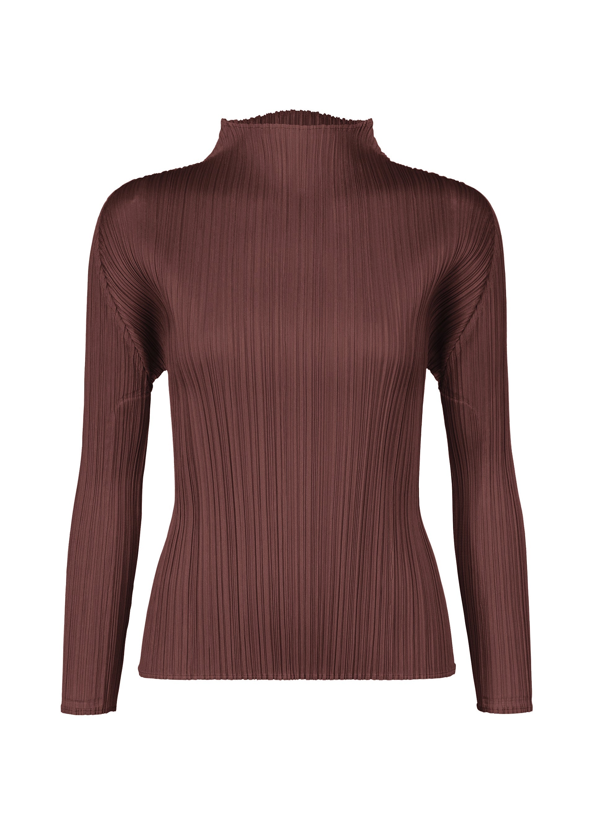 Zoomed view The MONTHLY COLORS : JANUARY top by PLEATS PLEASE ISSEY MIYAKE features a fitted, long-sleeved, high-neck design in brown tones with vertical pleats throughout its ribbed fabric. - BORDEAUX （no.84）