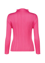 A vibrant pink, long-sleeved top with a mock neck from PLEATS PLEASE ISSEY MIYAKE's MONTHLY COLORS : JANUARY collection. Shown from the back, the textured, vertical ribbed fabric pops against a white background.