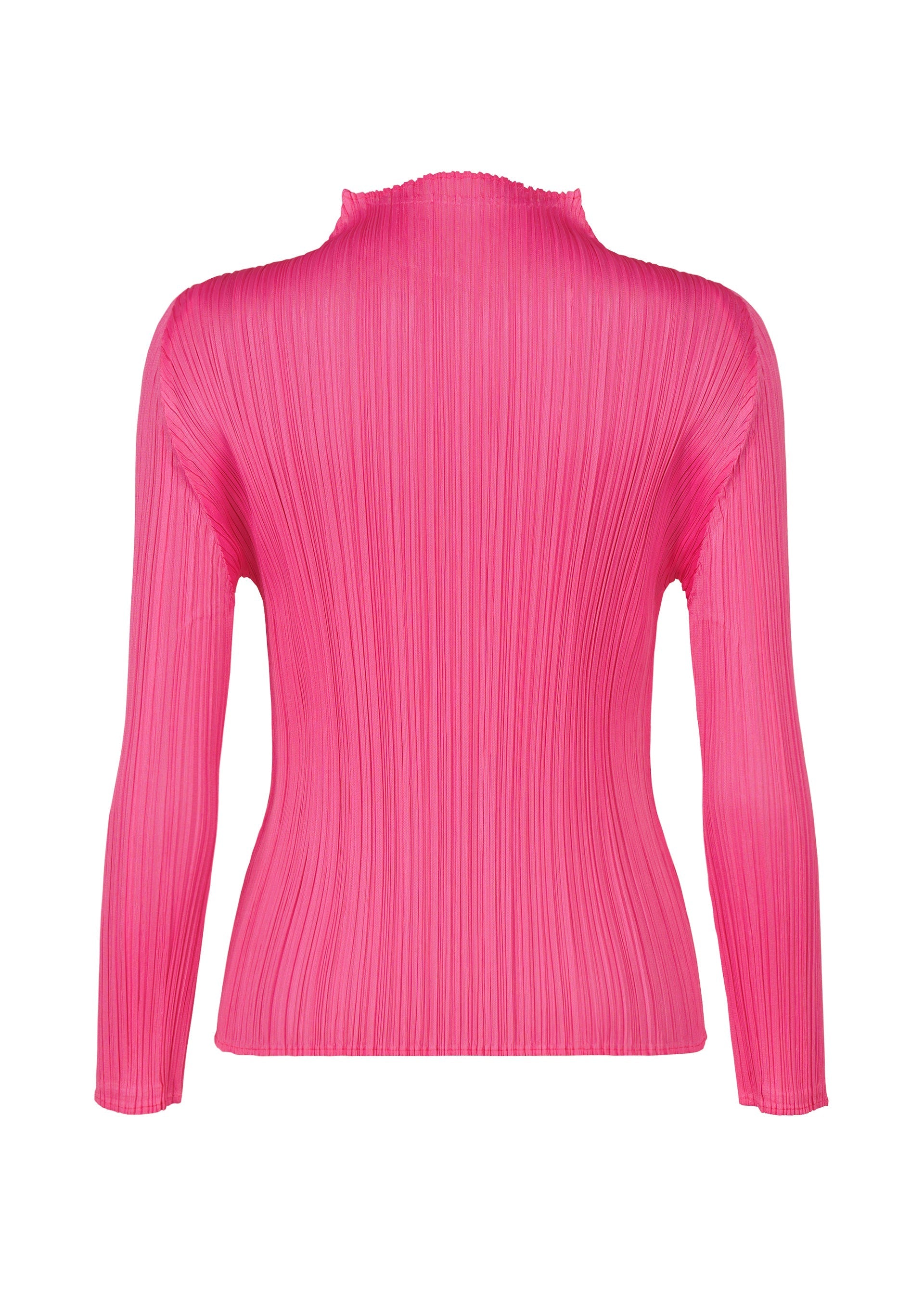 Zoomed view A vibrant pink, long-sleeved top with a mock neck from PLEATS PLEASE ISSEY MIYAKE's MONTHLY COLORS : JANUARY collection. Shown from the back, the textured, vertical ribbed fabric pops against a white background.