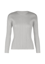 A fitted, long-sleeved light grey top with vertical pleats from the MONTHLY COLORS : FEBRUARY collection by PLEATS PLEASE ISSEY MIYAKE, shown on a plain white background. - LIGHT GRAY （no.10）