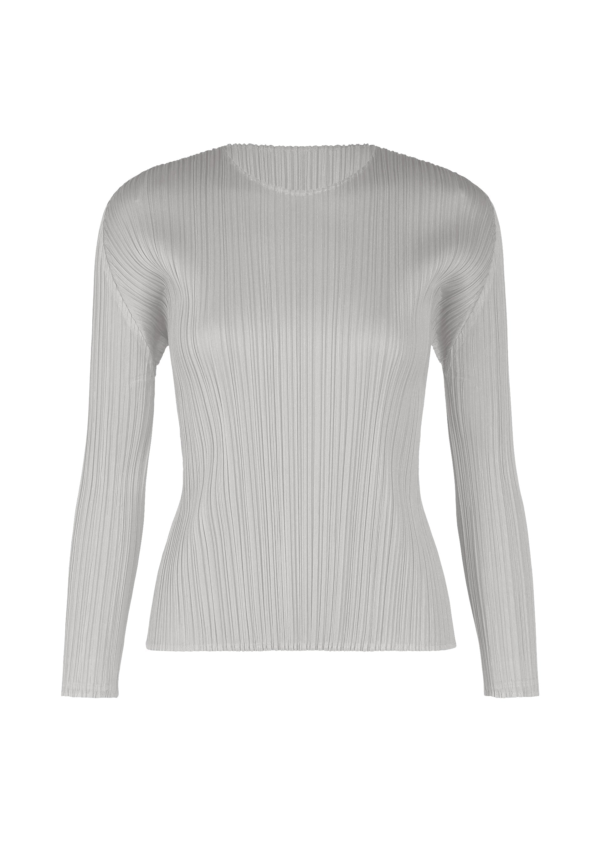 Zoomed view A fitted, long-sleeved light grey top with vertical pleats from the MONTHLY COLORS : FEBRUARY collection by PLEATS PLEASE ISSEY MIYAKE, shown on a plain white background. - LIGHT GRAY （no.10）