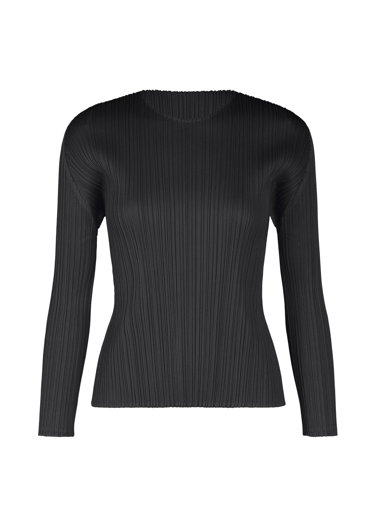 The MONTHLY COLORS : FEBRUARY black long-sleeved top by PLEATS PLEASE ISSEY MIYAKE features a crew neckline and vertical pleats, showcased against a plain white background. view 3 of 9