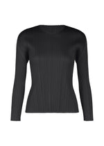 The MONTHLY COLORS : FEBRUARY black long-sleeved top by PLEATS PLEASE ISSEY MIYAKE features a crew neckline and vertical pleats, showcased against a plain white background. - BLACK （no.15）