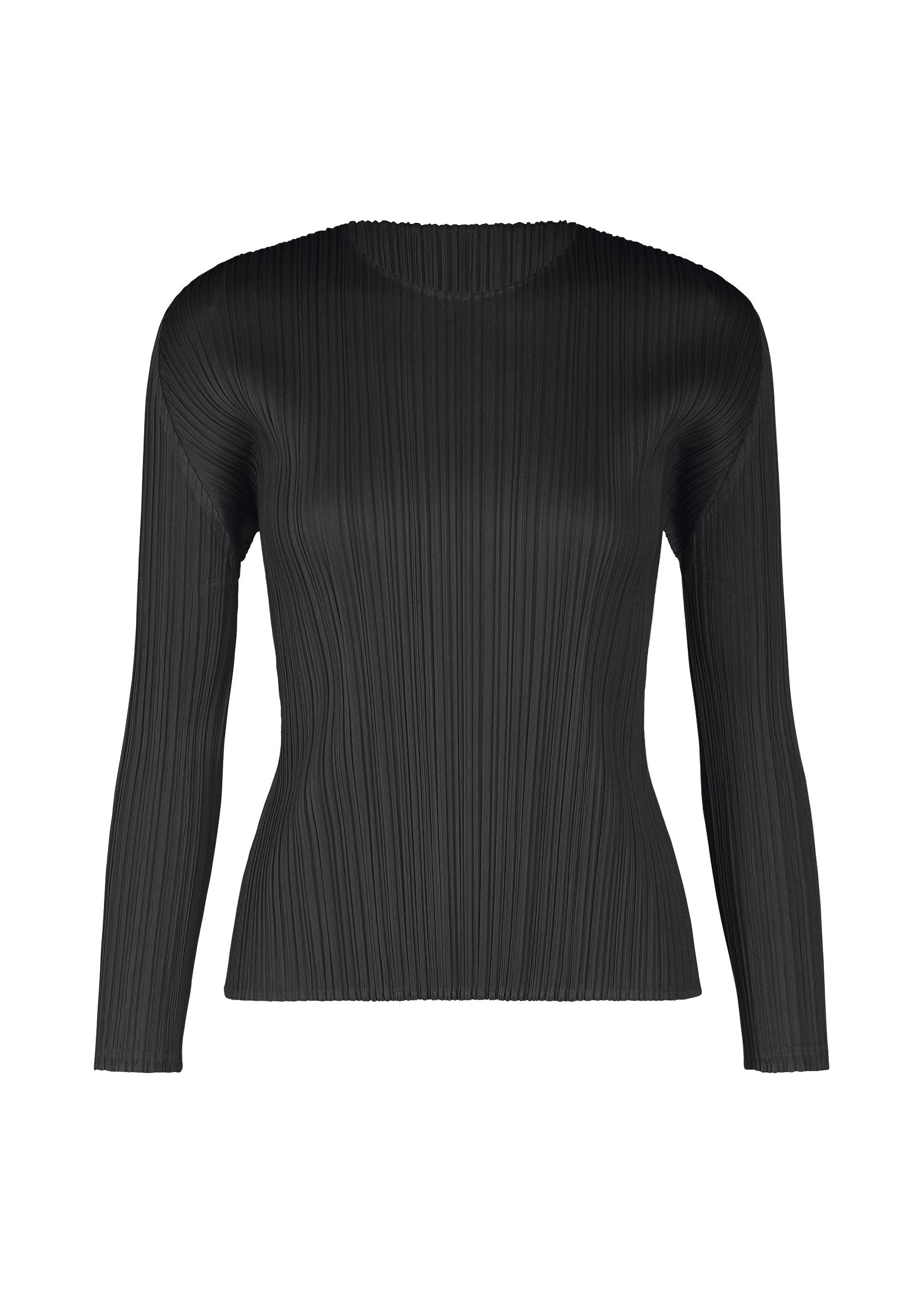 Zoomed view The MONTHLY COLORS : FEBRUARY black long-sleeved top by PLEATS PLEASE ISSEY MIYAKE features a crew neckline and vertical pleats, showcased against a plain white background. - BLACK （no.15）