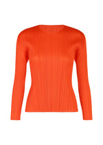 A red long-sleeved top with a classic round neckline from PLEATS PLEASE ISSEY MIYAKE’s MONTHLY COLORS : FEBRUARY series. - RED （no.24）