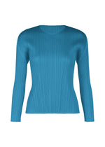 The MONTHLY COLORS : FEBRUARY top by PLEATS PLEASE ISSEY MIYAKE, a turquoise blue long-sleeved piece with pleats and a round neckline, is shown against a plain white background. - DEEP BLUE （no.76）