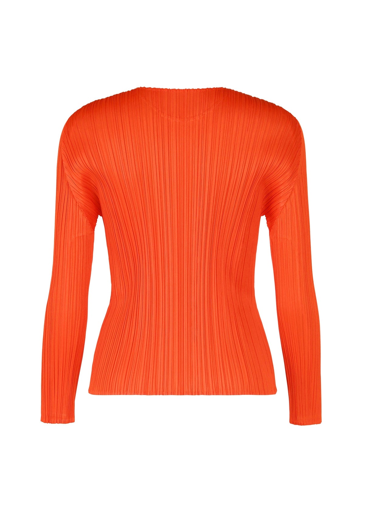 The MONTHLY COLORS : FEBRUARY long-sleeved, fitted orange top by PLEATS PLEASE ISSEY MIYAKE features vertical pleats and a round neck, shown from the back against a white background. view 5 of 9