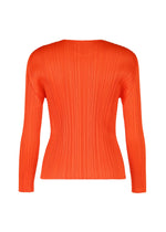 The MONTHLY COLORS : FEBRUARY long-sleeved, fitted orange top by PLEATS PLEASE ISSEY MIYAKE features vertical pleats and a round neck, shown from the back against a white background.